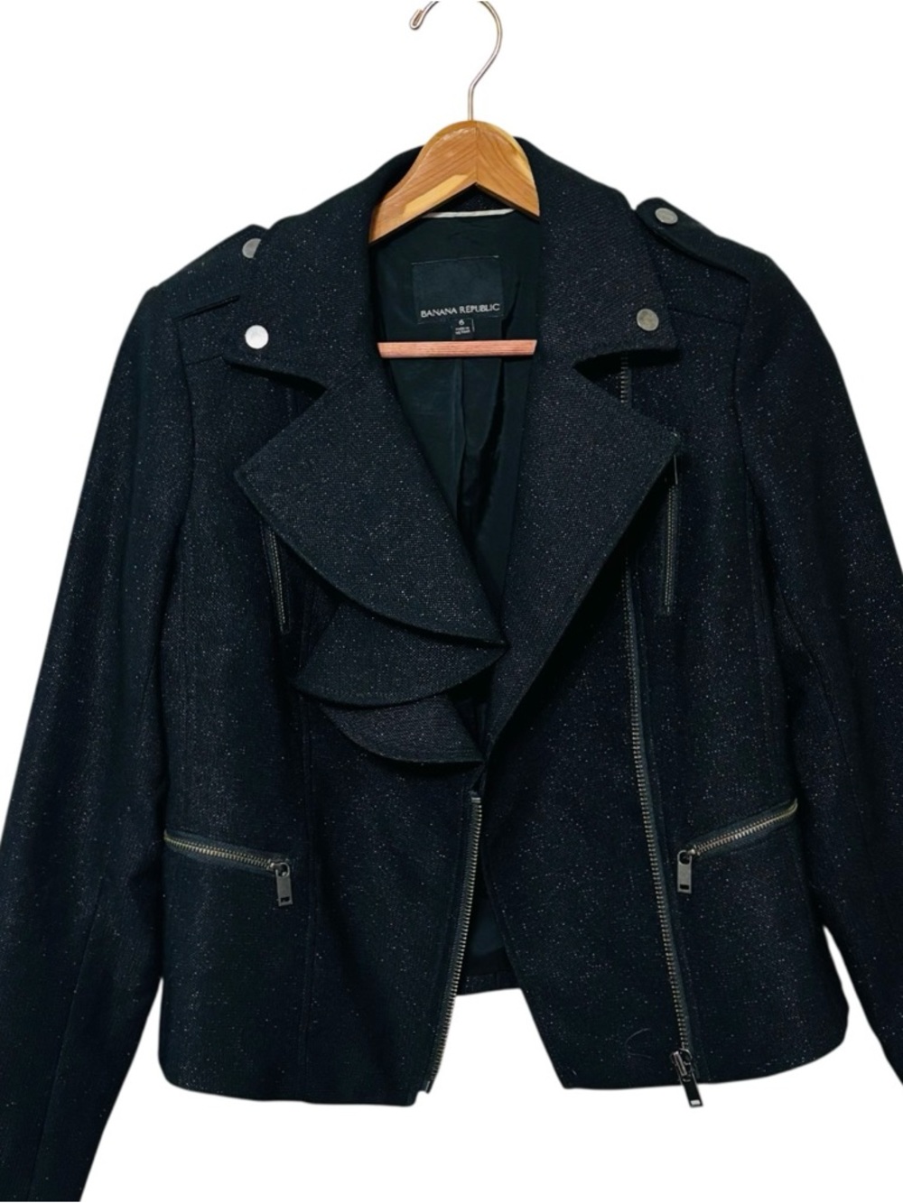 Banana Republic Moto Jacket Size 6 Metallic Black Sparkle Flounce Front Ruffle